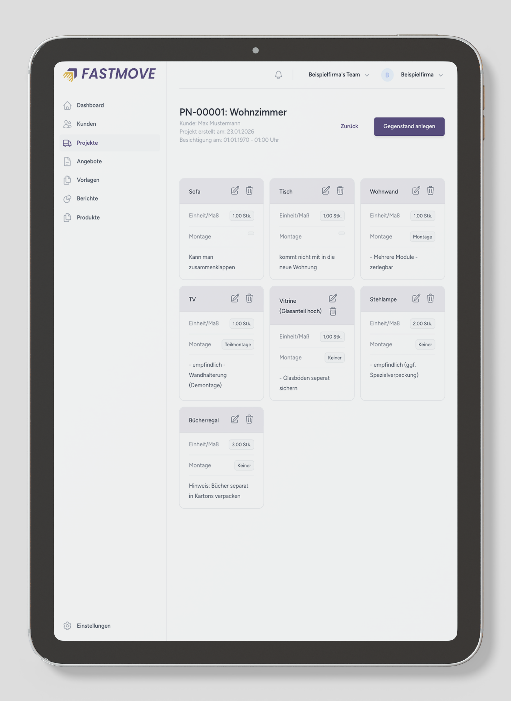 Digitale Inventaraufnahme Software für Umzüge mit erfassten Möbeln und Umzugsgut auf Tablet
